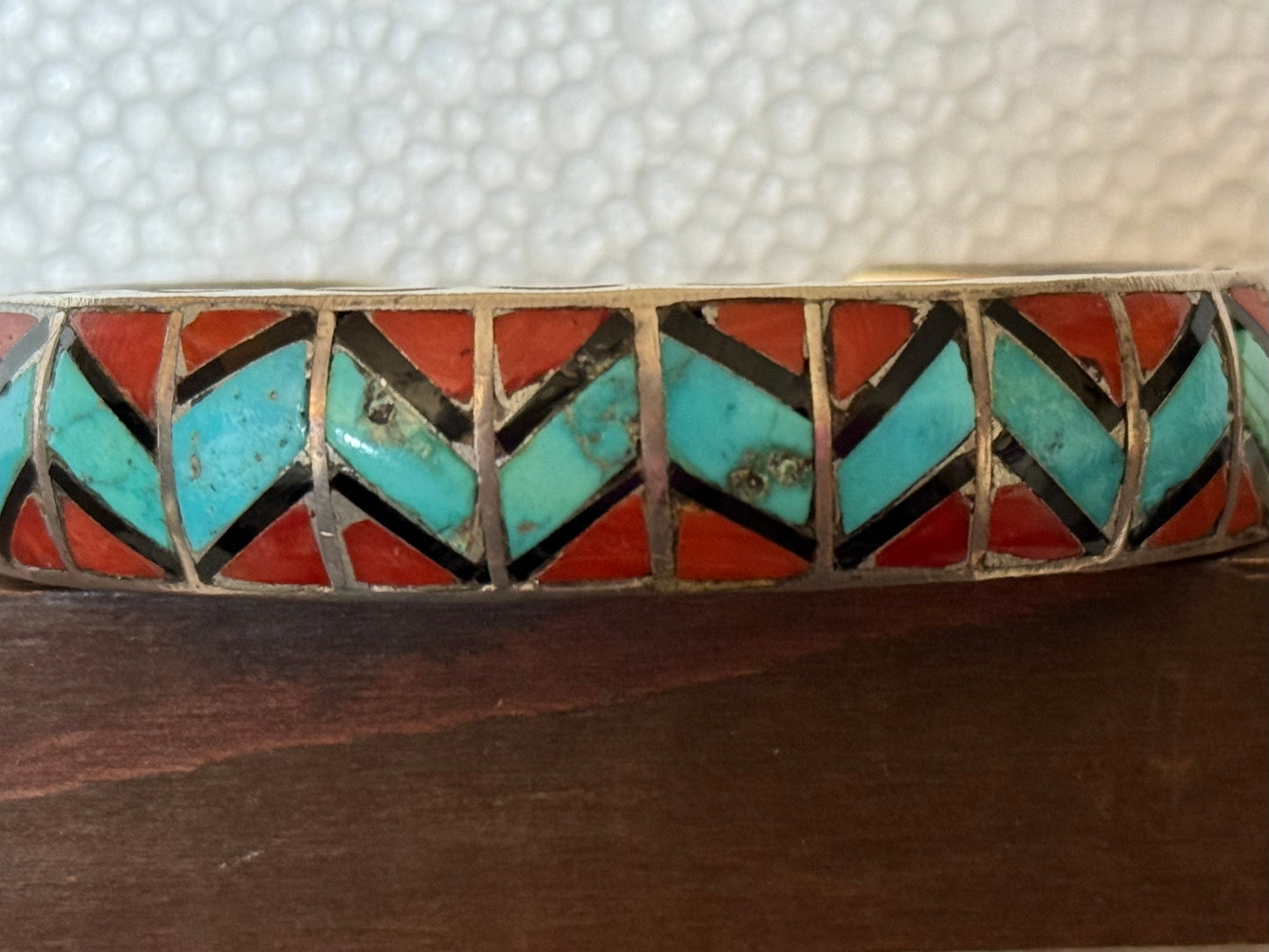 Native American mosaic cuff bracelet with sun etchings