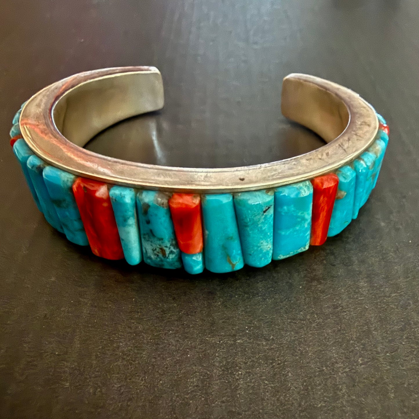 Turquoise and spiny oyster cobblestone style in sterling silver cuff bracelet