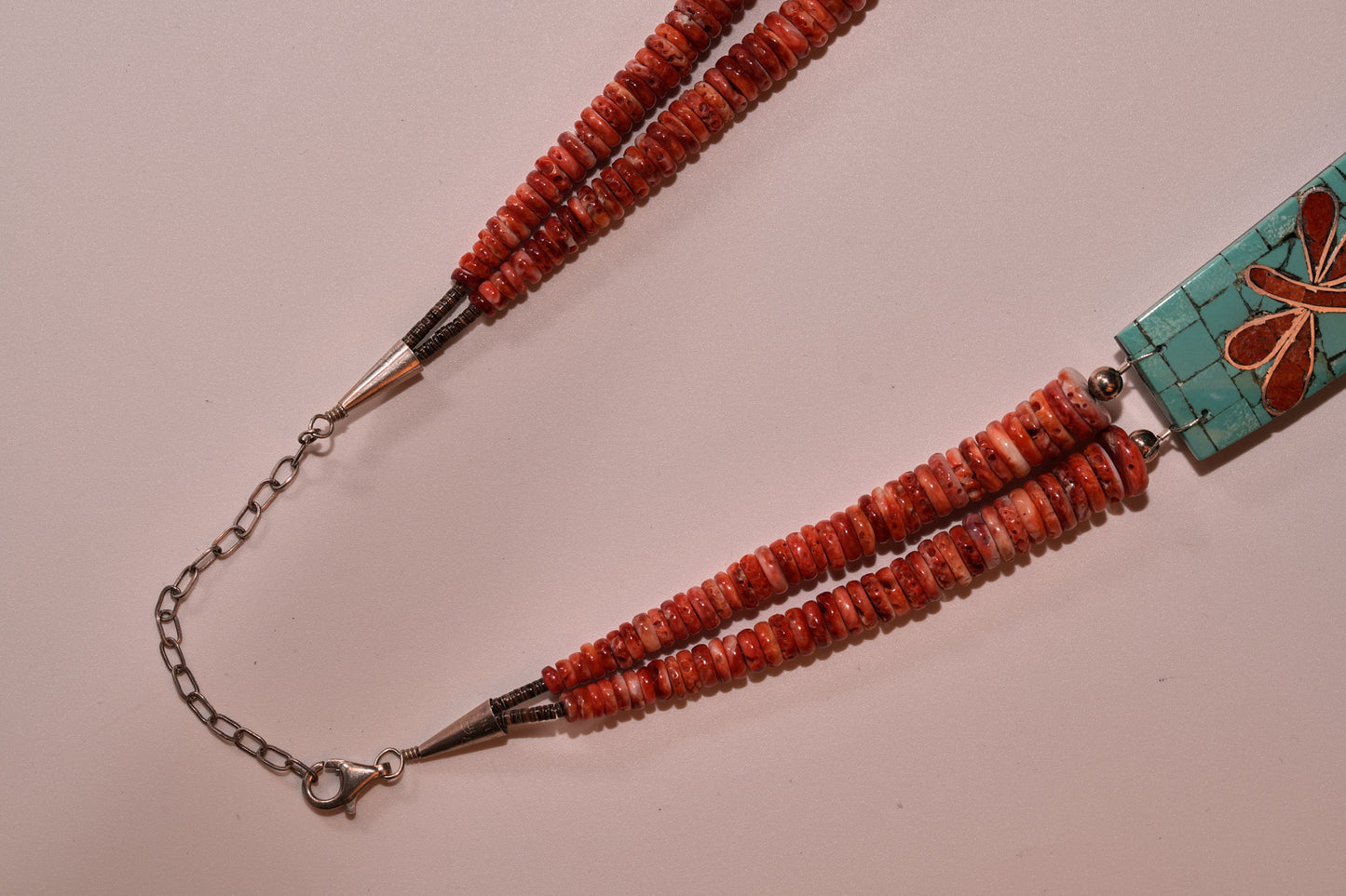 Spiny oyster shell with mosaic panels of dragon flies, necklace