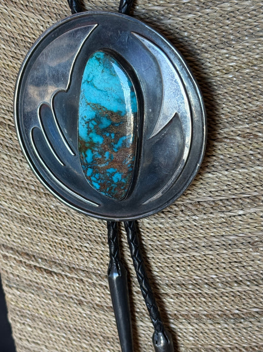 Vintage large turquoise stone set in sterling silver bolo