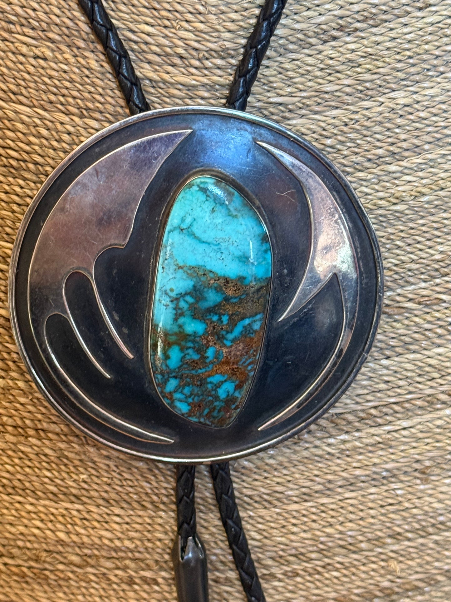 Vintage large turquoise stone set in sterling silver bolo