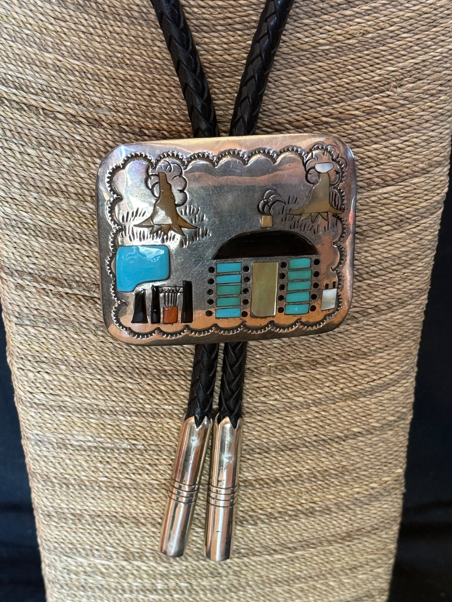 Sterling silver Native American Hogan Scene bolo