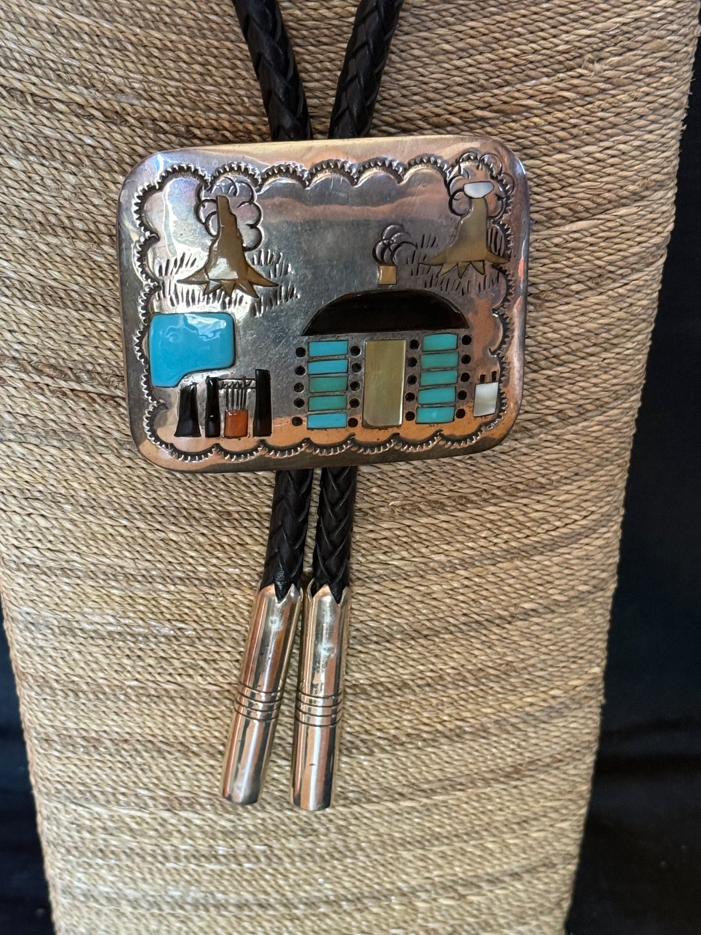 Sterling silver Native American Hogan Scene bolo