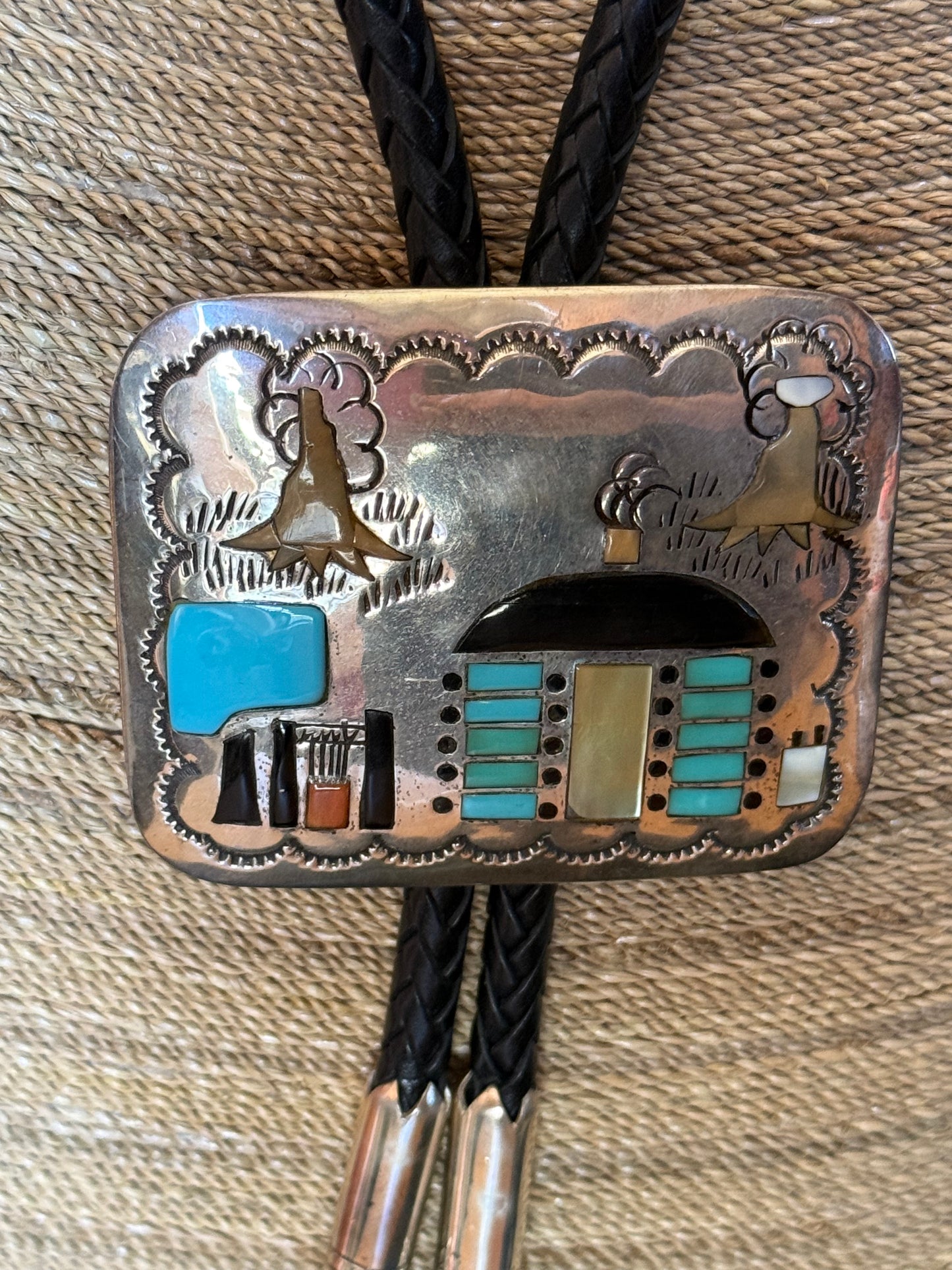 Sterling silver Native American Hogan Scene bolo