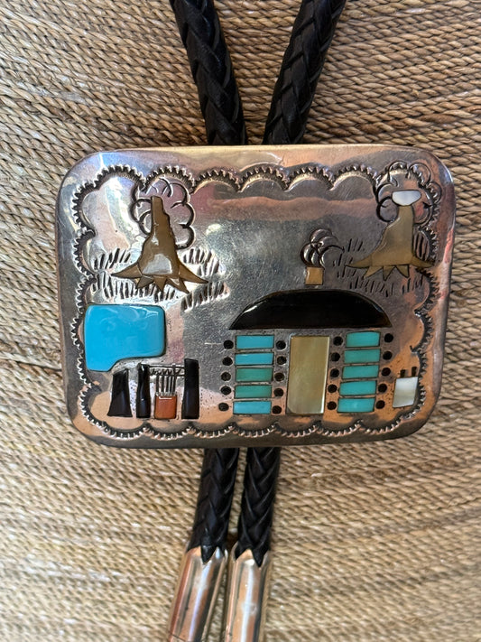 Sterling silver Native American Hogan Scene bolo