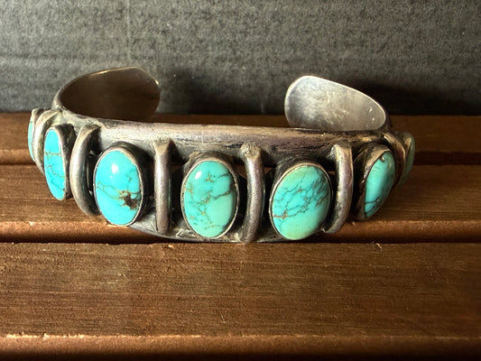 Vintage 7 stone turquoise cuff bracelet, Native American crafted