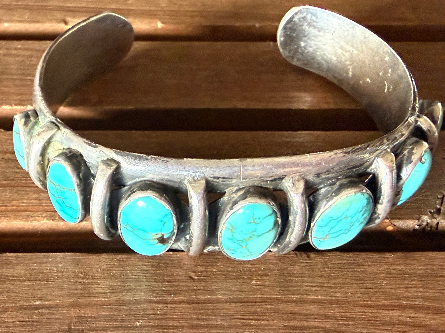 Vintage 7 stone turquoise cuff bracelet, Native American crafted