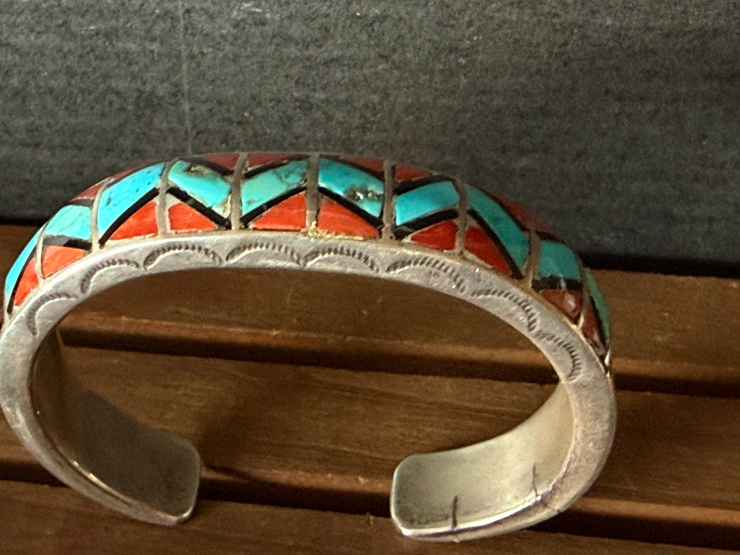 Native American mosaic cuff bracelet with sun etchings
