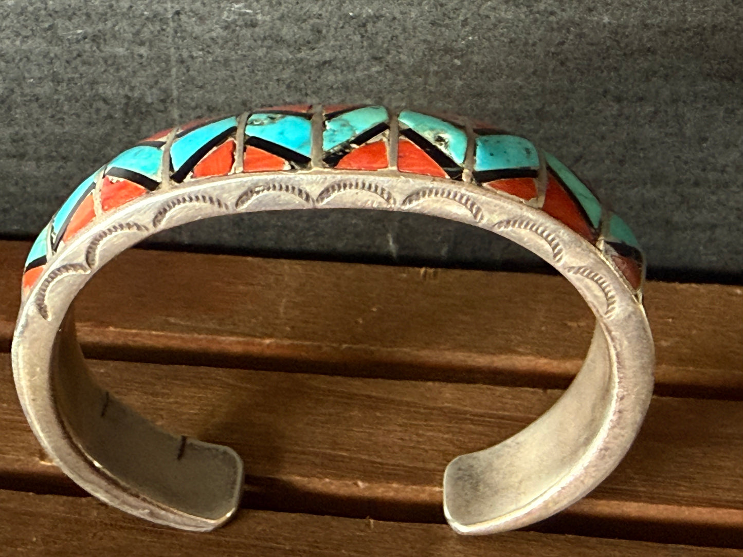 Native American mosaic cuff bracelet with sun etchings