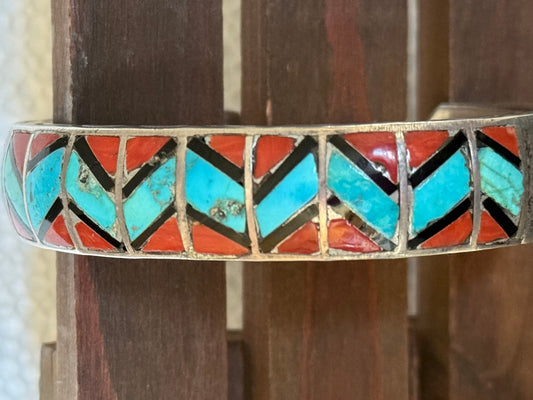 Native American mosaic cuff bracelet with sun etchings