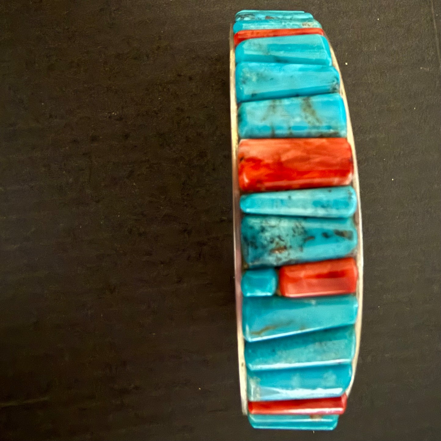 Turquoise and spiny oyster cobblestone style  in sterling silver cuff bracelet