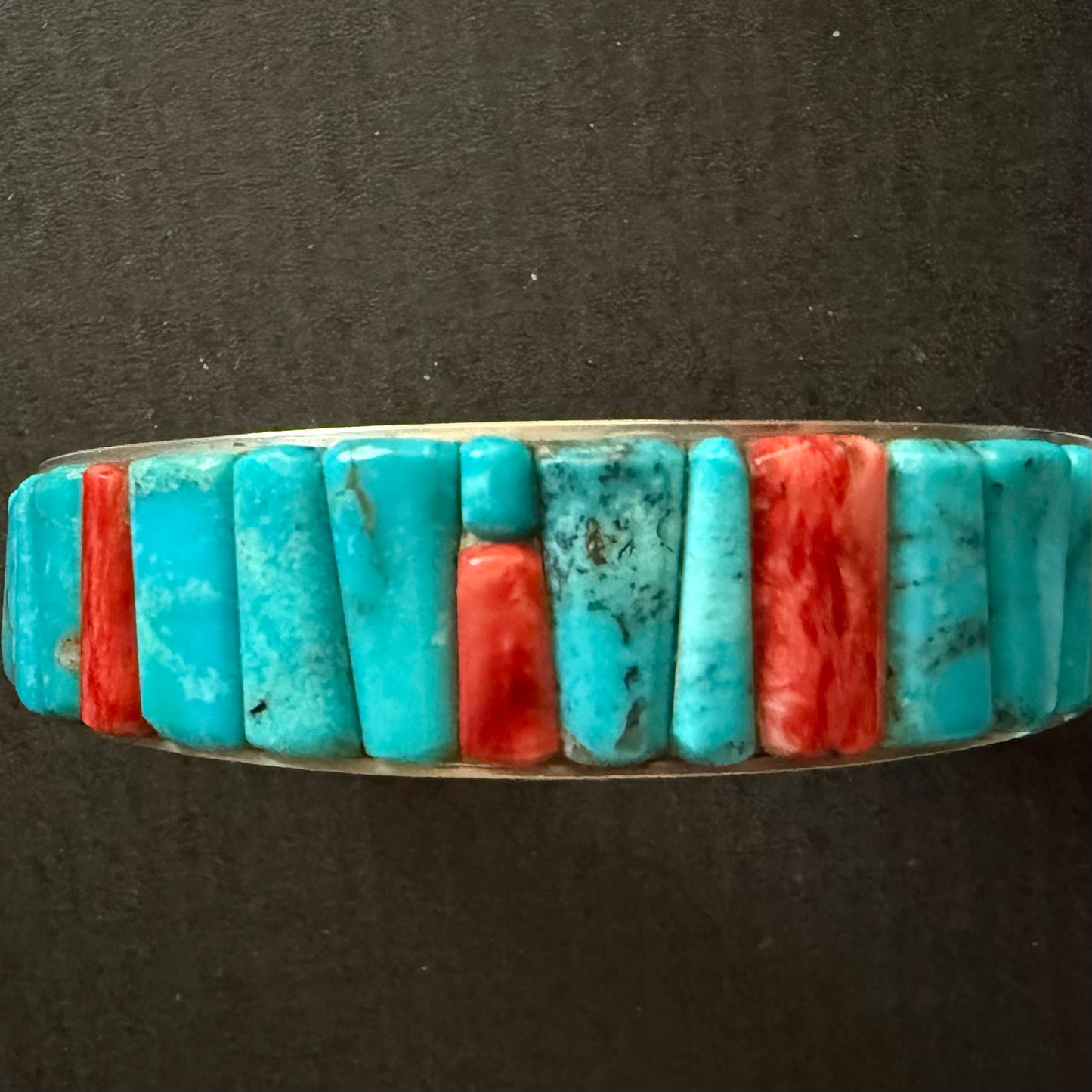 Turquoise and spiny oyster cobblestone style  in sterling silver cuff bracelet