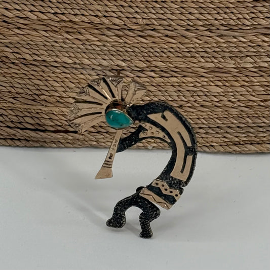 Sterling Silver, 14kt, turquoise Kokopelli Pin by Michael LIttle Elk