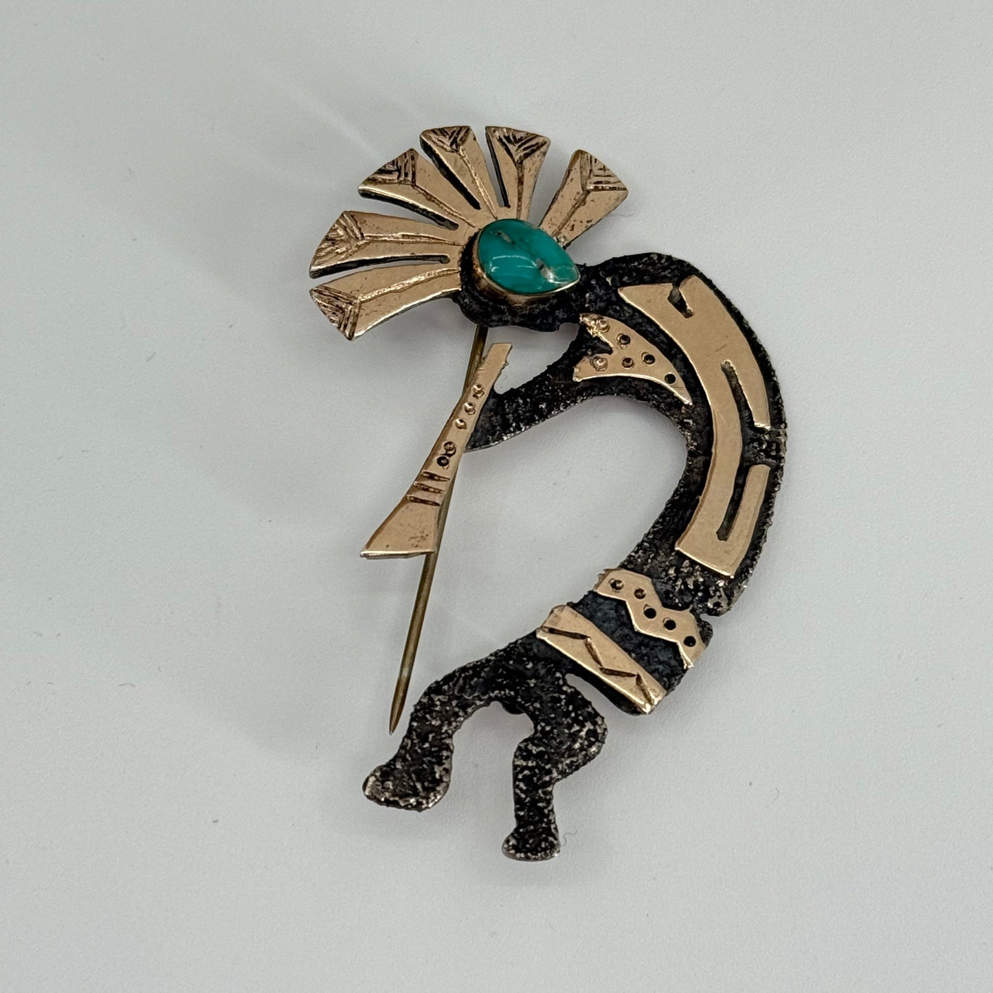 Sterling Silver, 14kt, turquoise Kokopelli Pin by Michael LIttle Elk