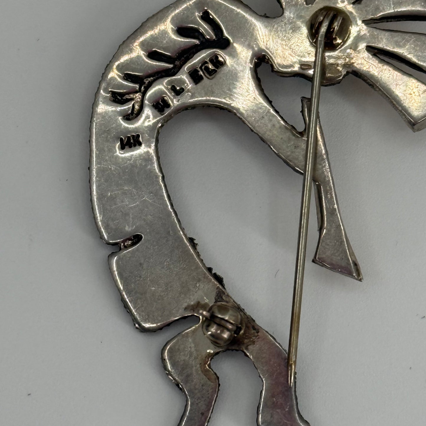 Sterling Silver, 14kt, turquoise Kokopelli Pin by Michael LIttle Elk
