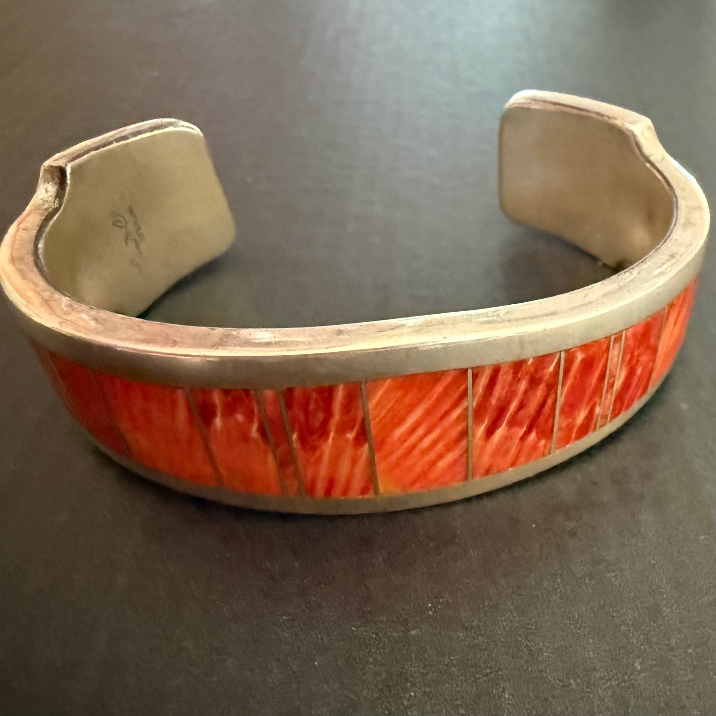 Sterling silver and spiny oyster channel set cuff bracelet