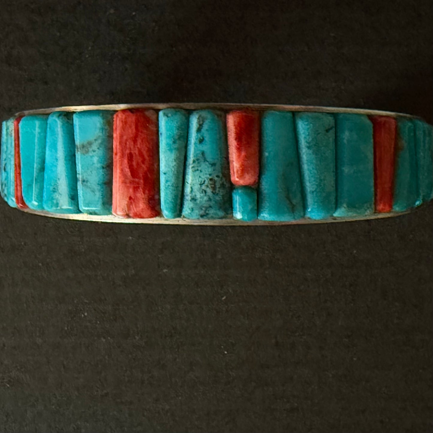Turquoise and spiny oyster cobblestone style  in sterling silver cuff bracelet