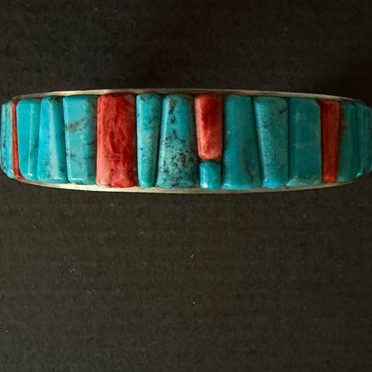 Turquoise and spiny oyster cobblestone style  in sterling silver cuff bracelet