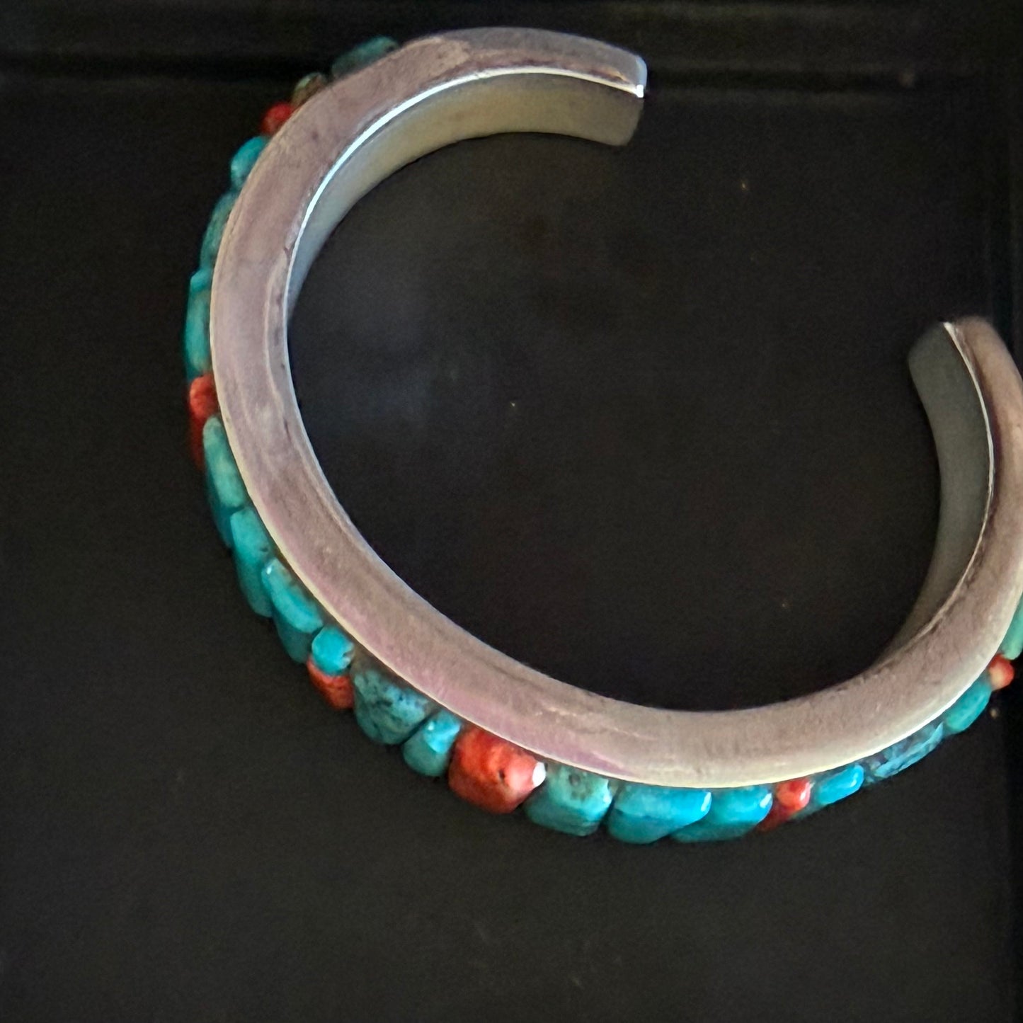 Turquoise and spiny oyster cobblestone style  in sterling silver cuff bracelet