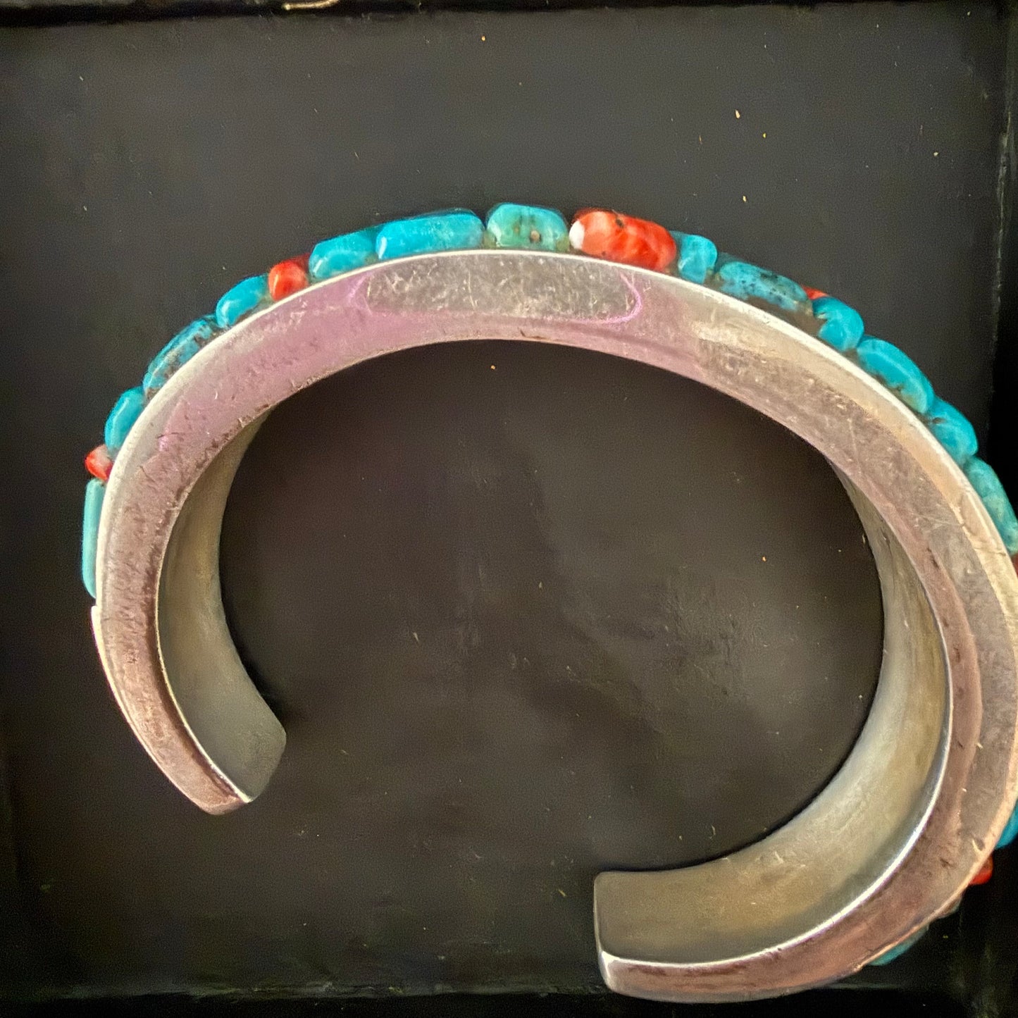 Turquoise and spiny oyster cobblestone style  in sterling silver cuff bracelet