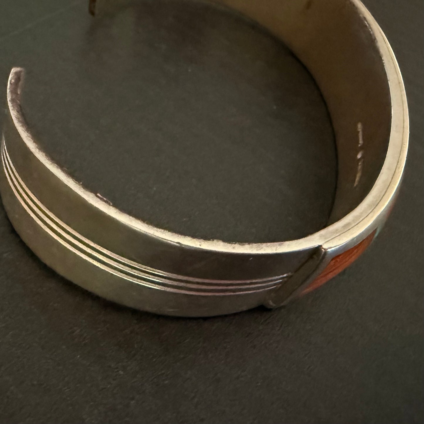 Spiny oyster, faux opal, sterling silver channel set cuff bracelet