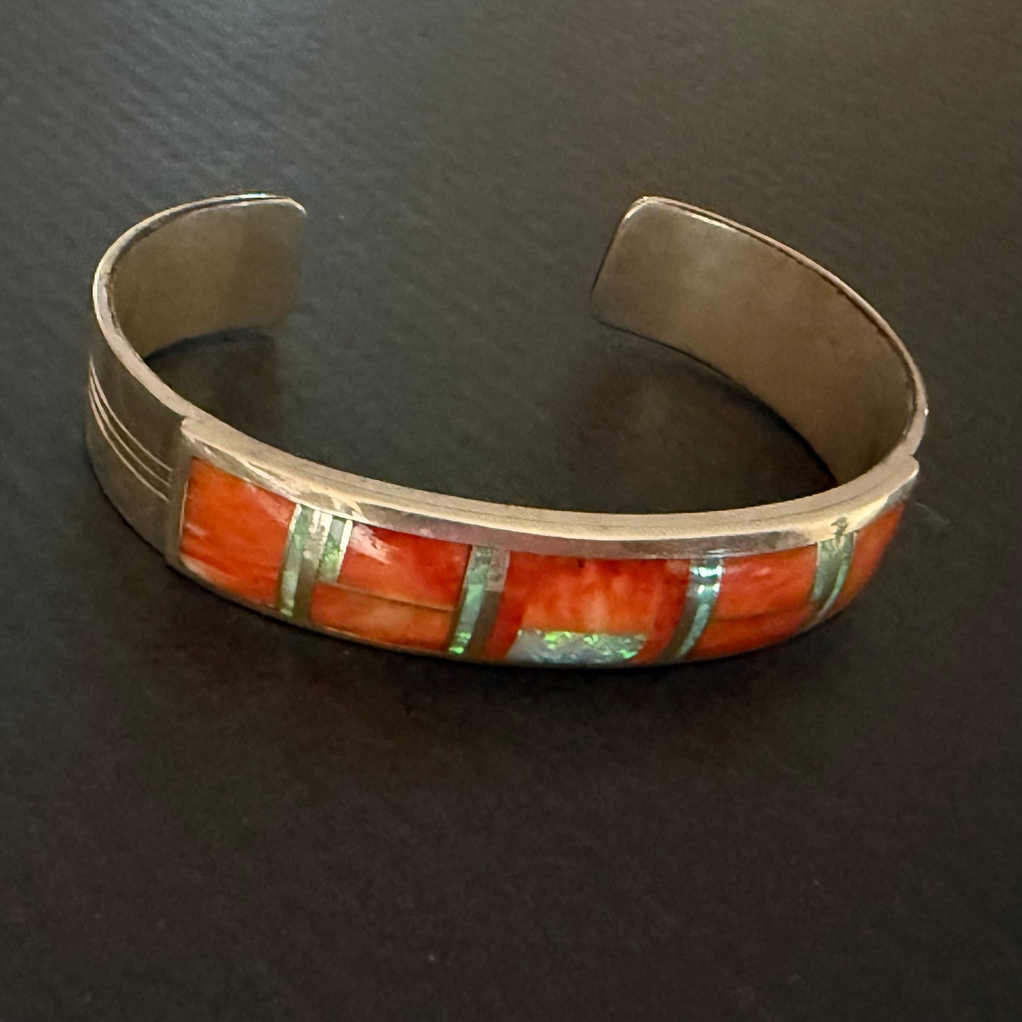 Spiny oyster, faux opal, sterling silver channel set cuff bracelet