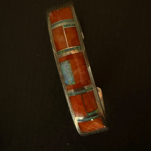 Spiny oyster, faux opal, sterling silver channel set cuff bracelet