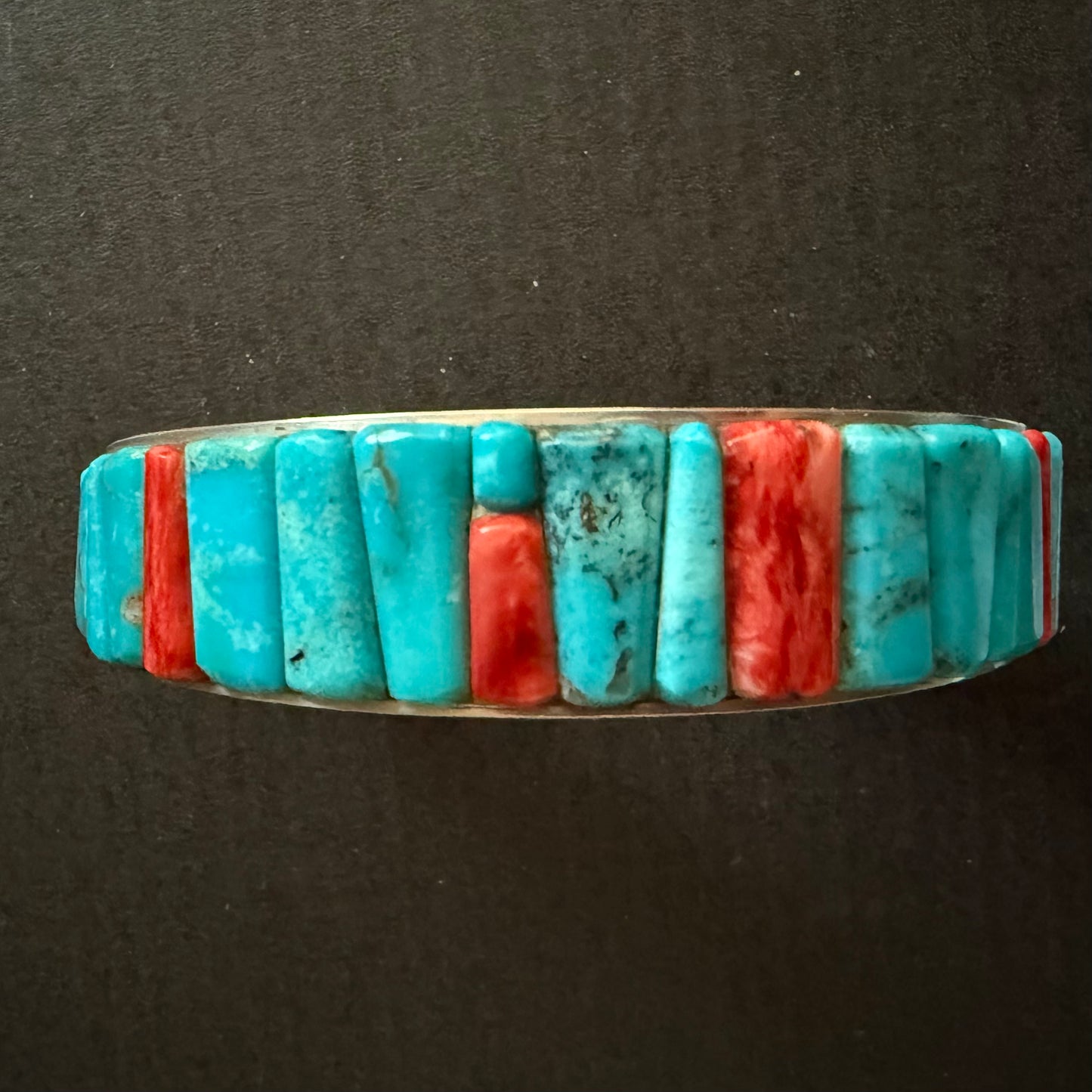 Turquoise and spiny oyster cobblestone style  in sterling silver cuff bracelet