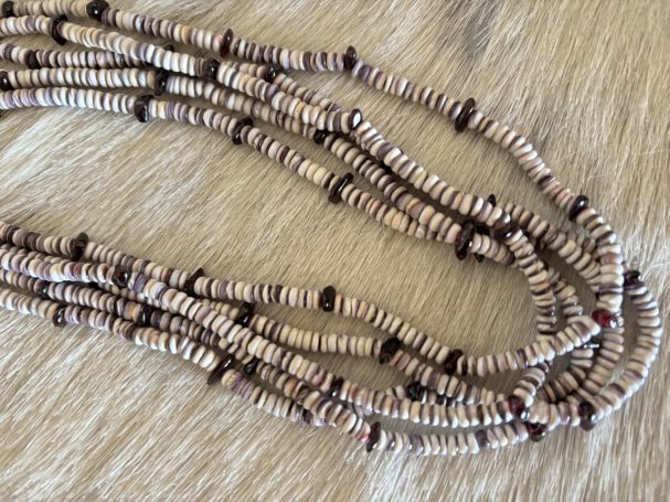 Wampum small beads with garnets. Handstrung.